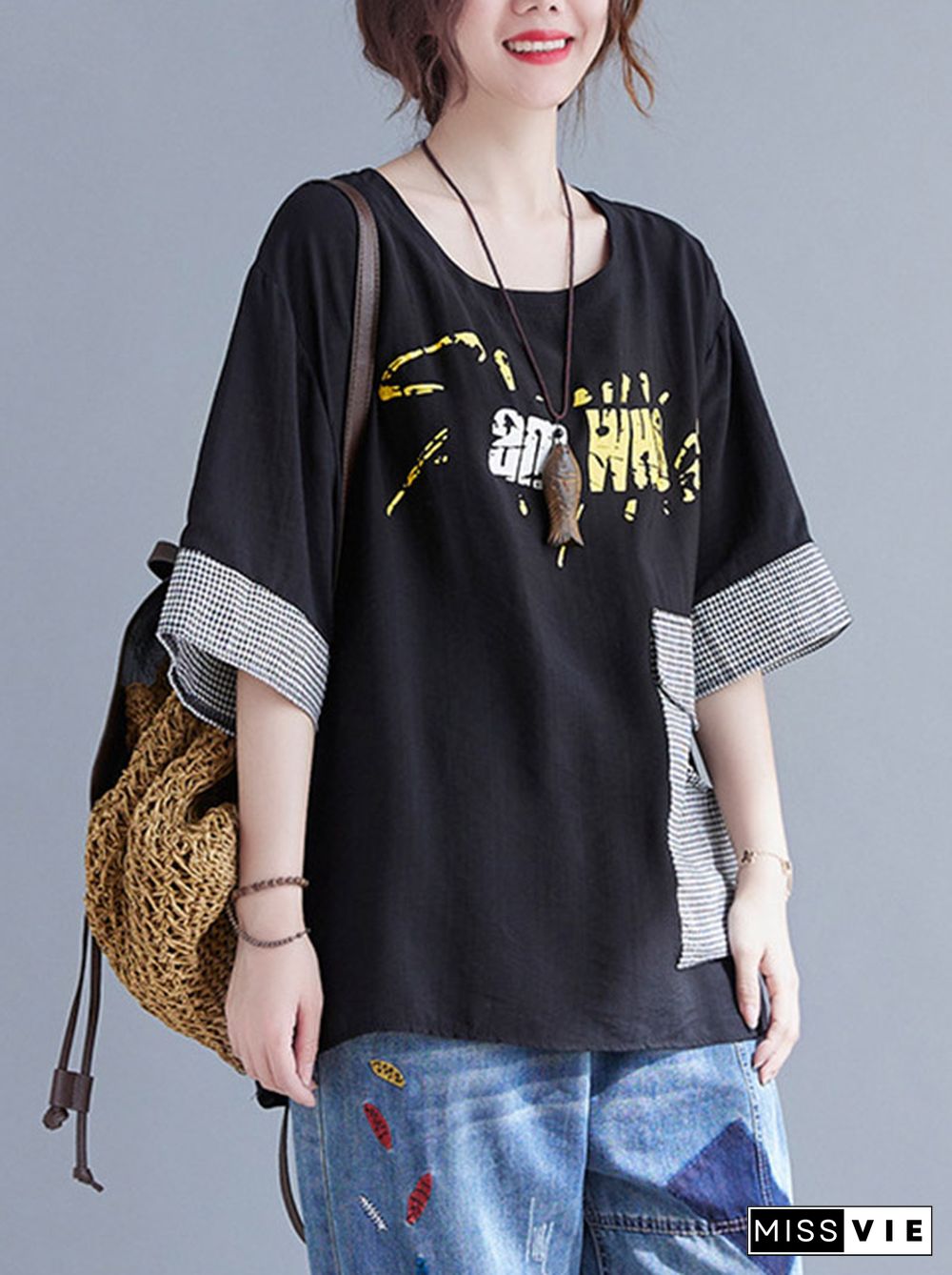 Original Letter Print Split-Joint Round-Neck T-Shirts Tops