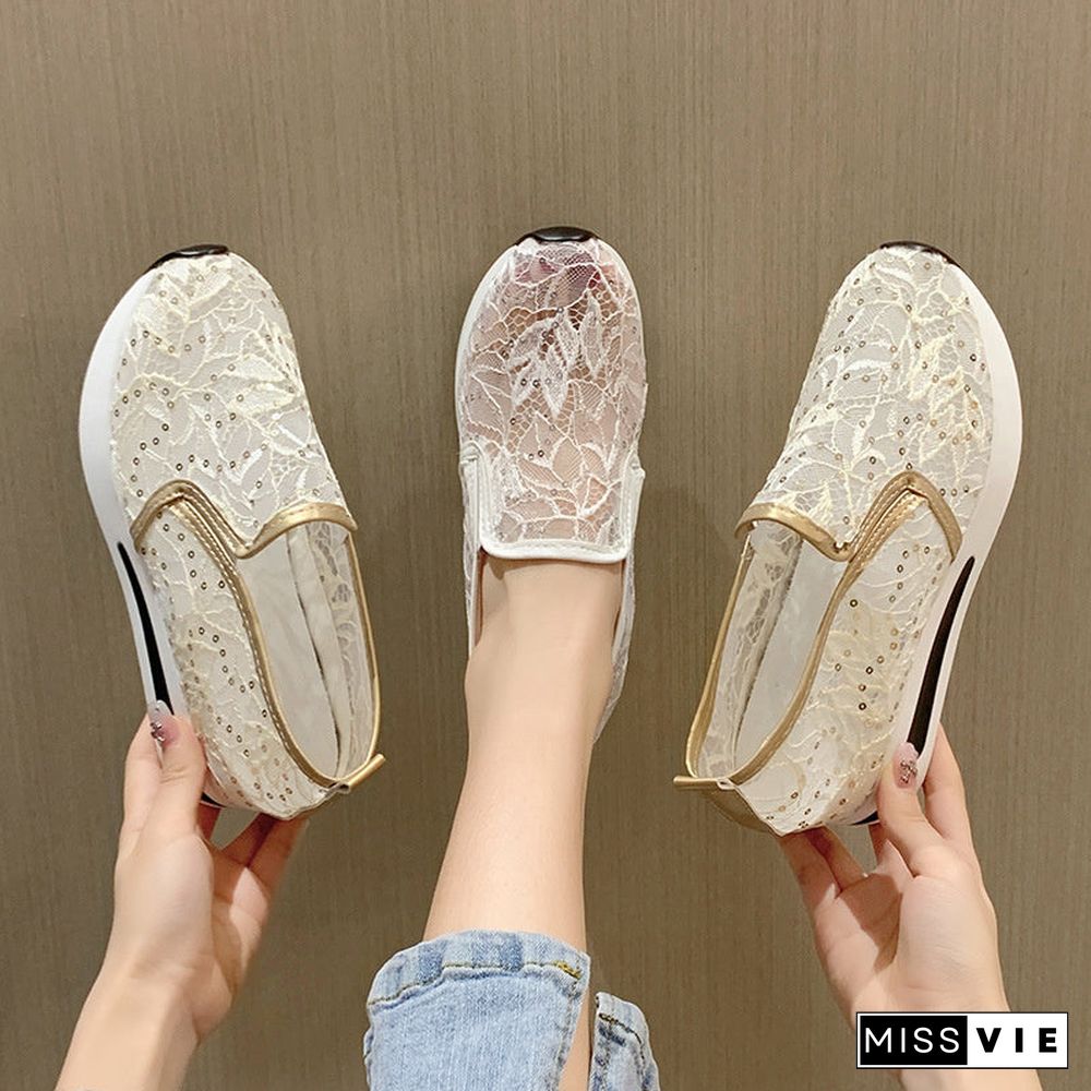 Women's Casual Loafers Breathable Lace Mesh Slip-on Muffin Sneakers Shoes