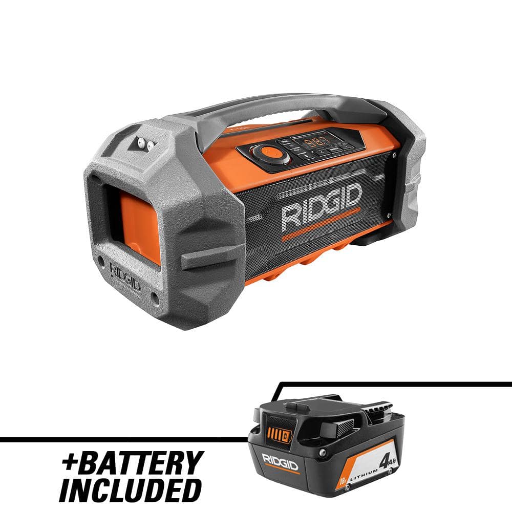 RIDGID 18V Hybrid Jobsite Radio with Bluetooth Wireless Technology with 18V Lithium-Ion 4.0 Ah Battery R84087-AC87004