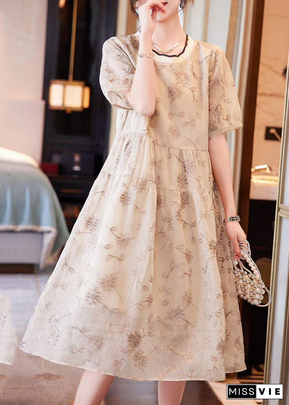 Boutique Beige O-Neck Patchwork Print Chiffon Long Dresses Summer