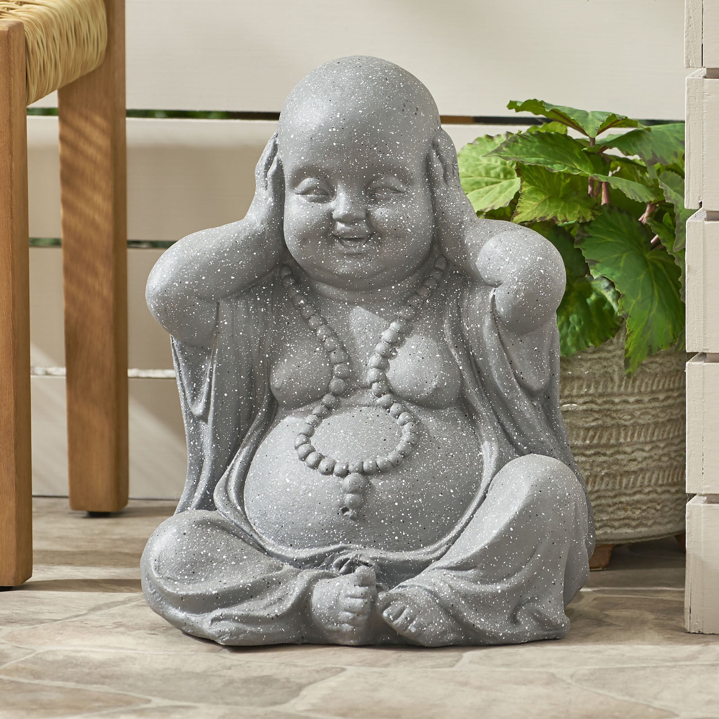 Conneaut Outdoor Hear No Evil Monk Garden Statue, Stone Gray