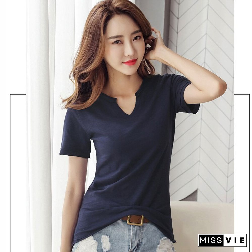 Christmas Gift High Quality V-Neck Cotton Basic T-shirt Women Summer Plain Simple T Shirt For Women Short Sleeve Female Tops Gray Back White