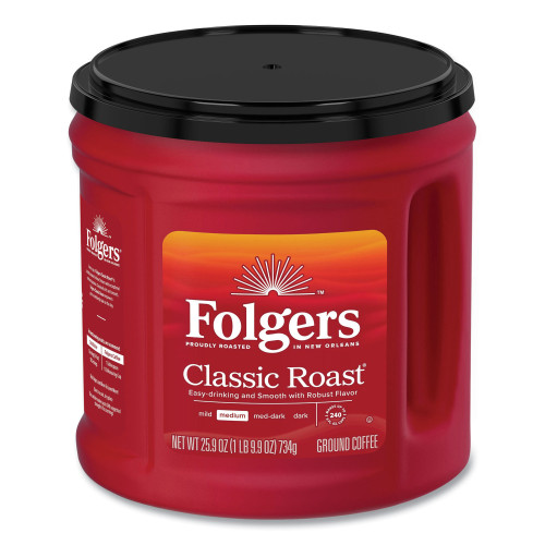 Folgers Coffee， Classic Roast， Ground， 25.9 oz Canister， 6/Carton (20421CT)