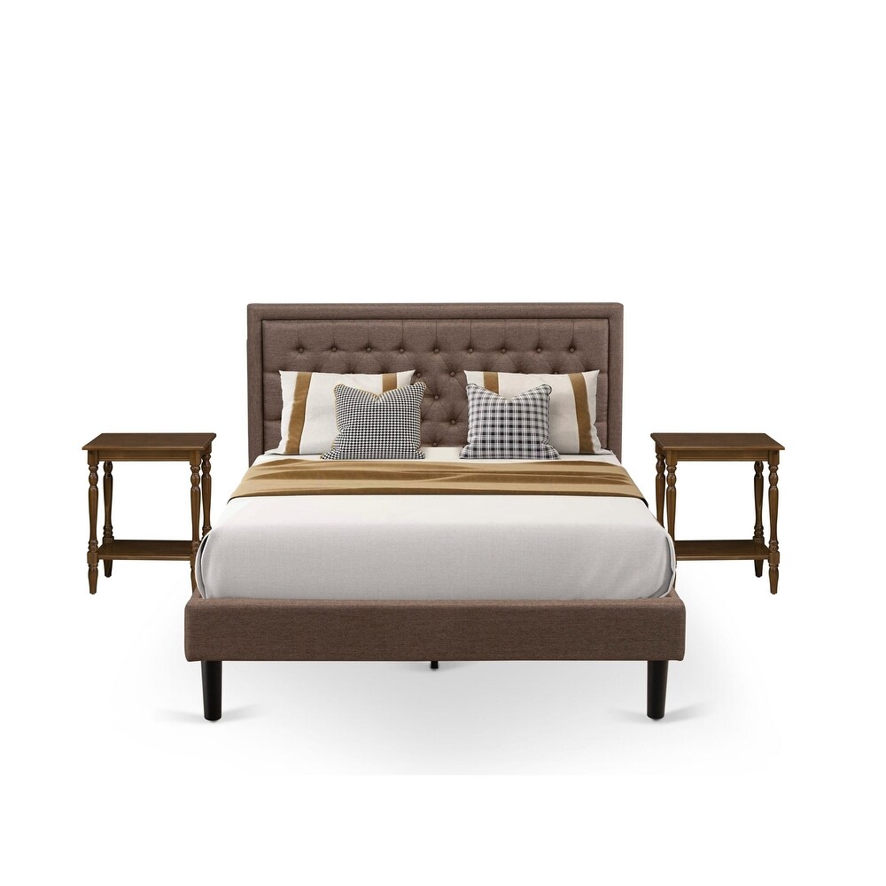 East West Furniture Bedroom Set   Queen Size Bed Brown   Headboard with Wooden Nightstand (End Table Pieces Option)