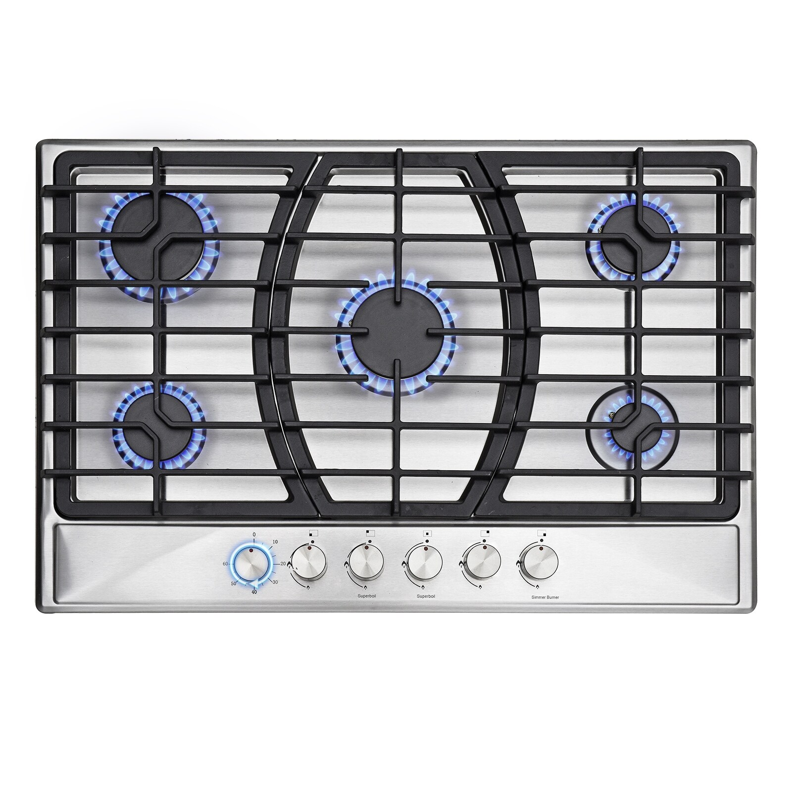 30 in. Gas Cooktop，Stainless Steel Gas Cooktop，NG/LPG Convertible Gas Burners，5 Burners Gas Stovetop，60-minute Timer.