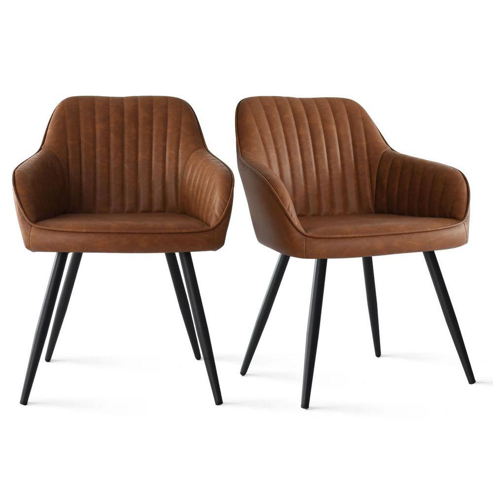 Elevens Boston Brown Faux Leather Upholstered Side Chair with Arms (Set of 2) BOSTON-ARM-BROWN