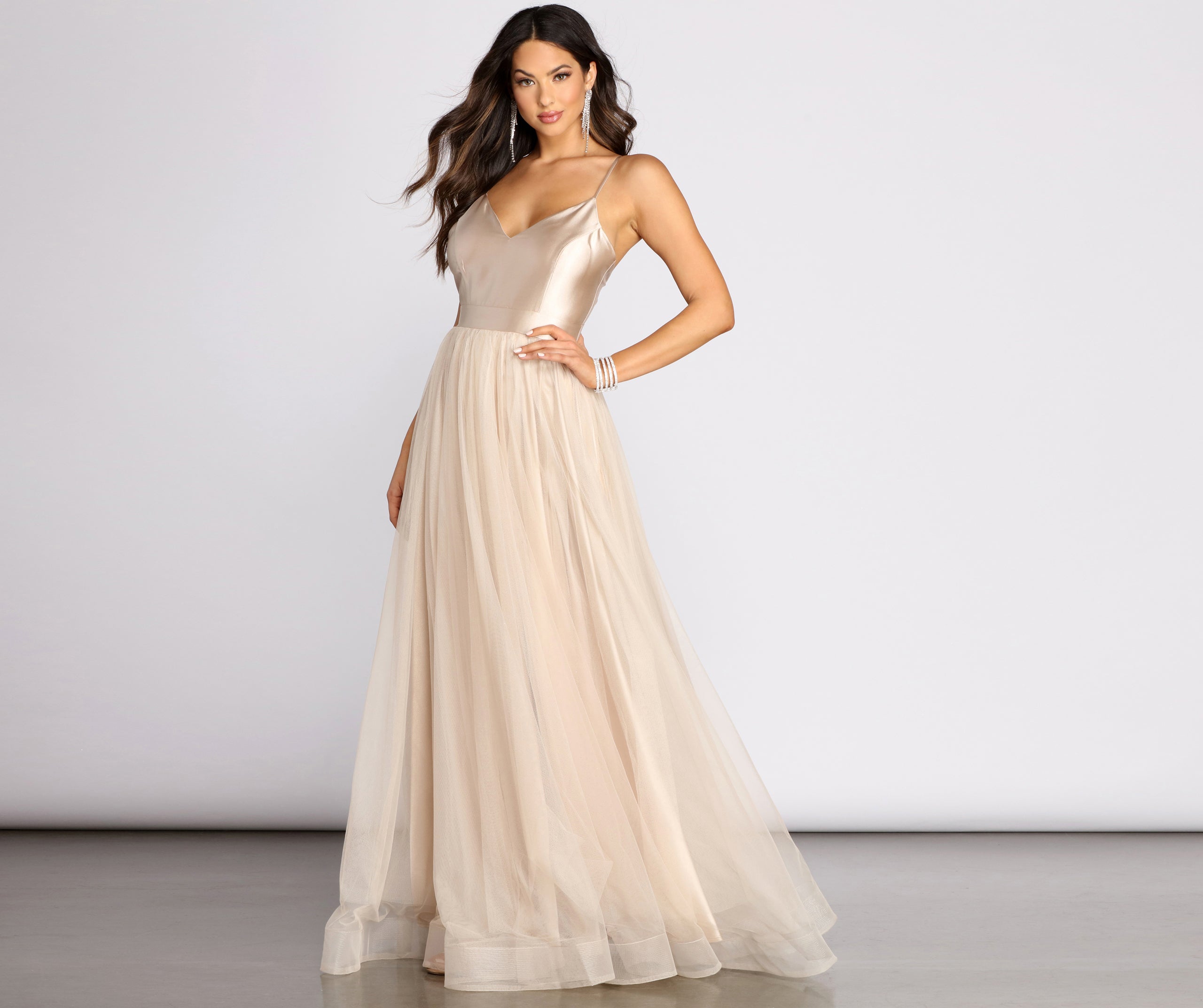 Emily Satin V Neck Tulle Ball Gown