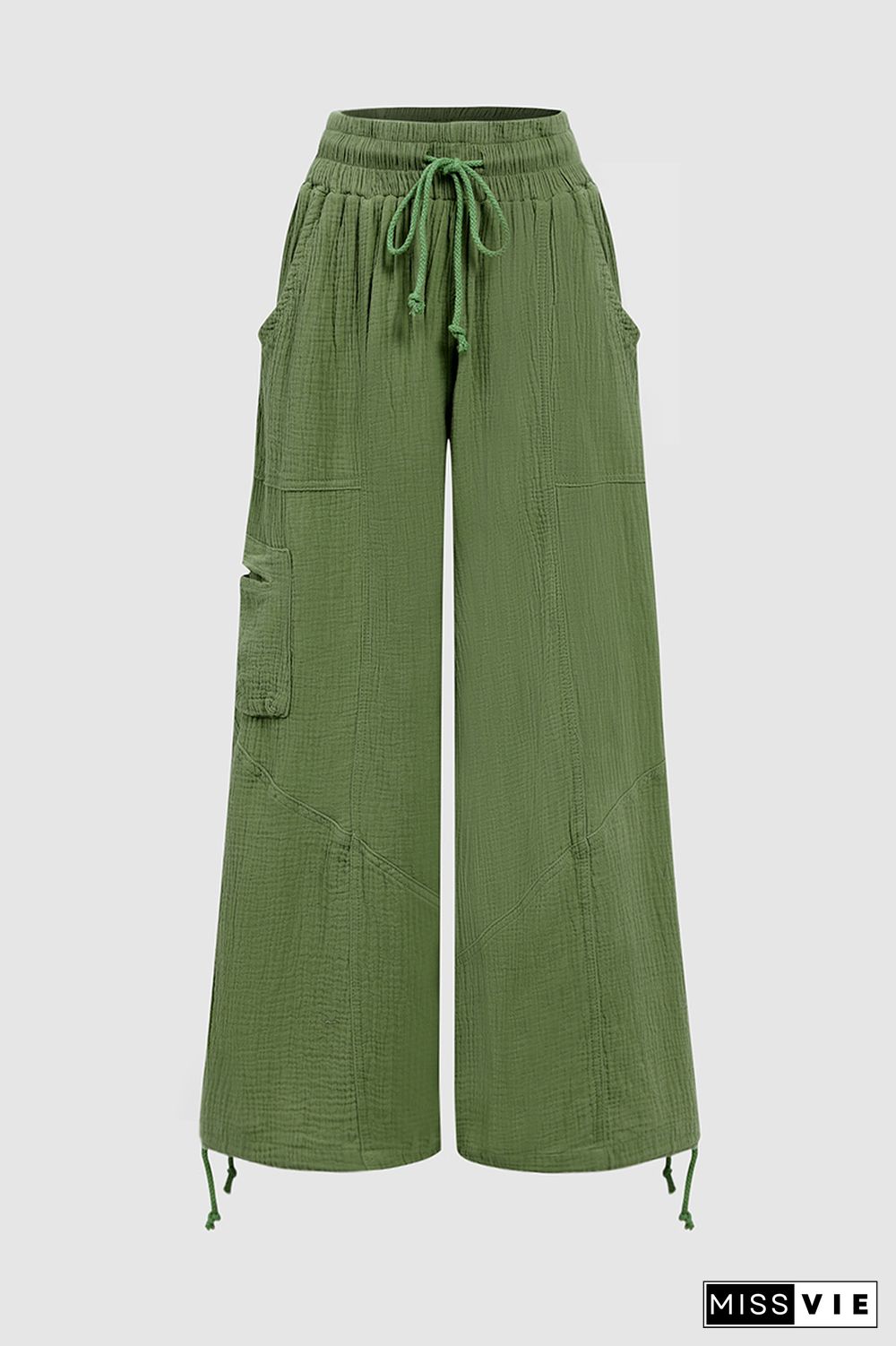 Solid Drawstring Hem Slant Pocket Mid Waist Wide Leg Pants