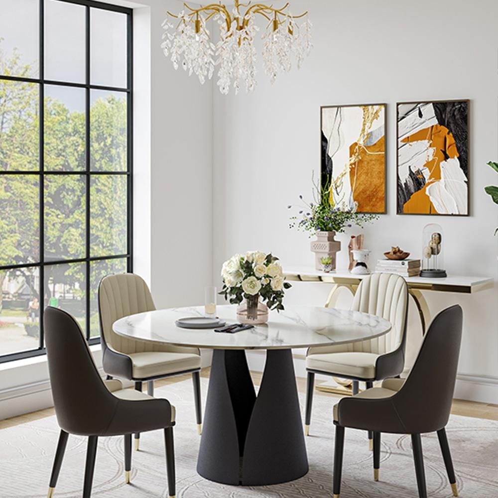 Modern Round White Dining Table for 4 6  faux marble table top