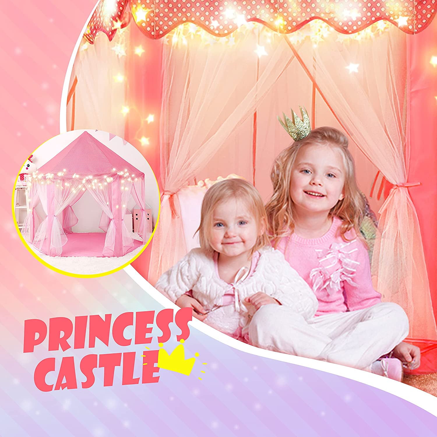 Princess Castle Tent Glow in the Dark, Kids Play Tent Toys for 1 2 3 Year Old Girl, Pop Up Portable Children Teepee Playhouse for Indoor and Outdoor, Gifts for Birthday Party Activities