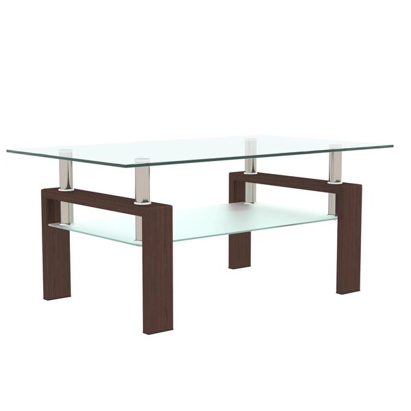 2-Tier Rectangle Black Glass Coffee Table， Clear Coffee Table，Modern Side Center Tables for Living Room， Office Furniture