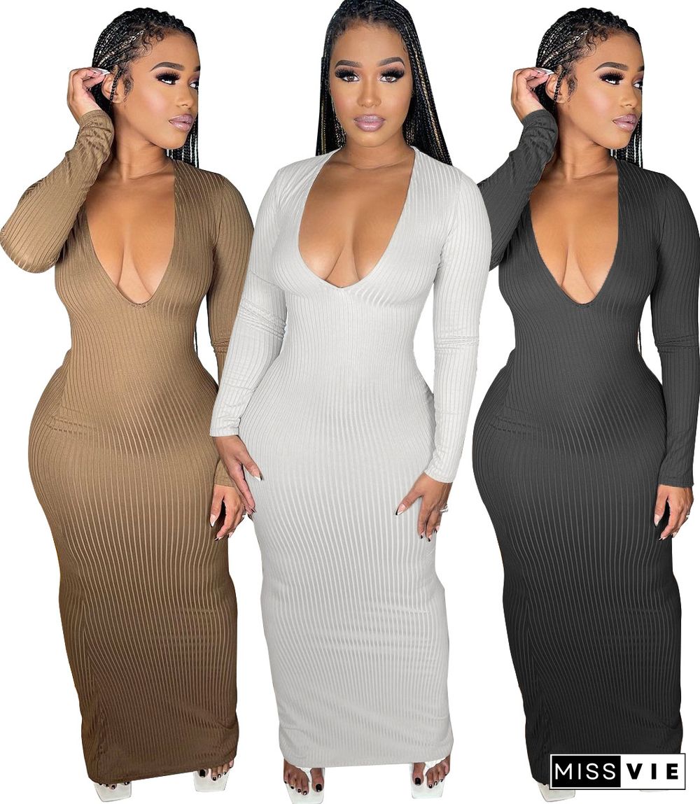 Solid V Neck Long Sleeves Bodycon Knitted Dress