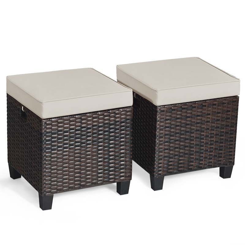 2 Pcs Rattan Patio Ottoman Set with Removable Cushions, All Weather Wicker Outdoor Footstool Footrest Seat