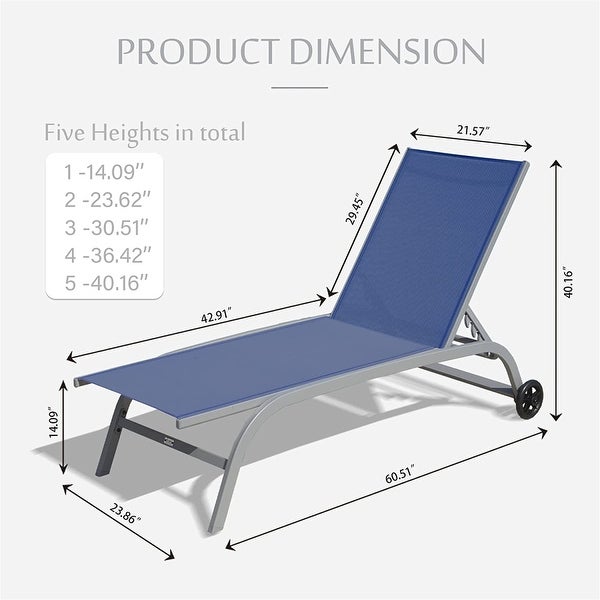 2-Piece Outdoor 5 Adjustable Position Chaise Lounge with Wheels