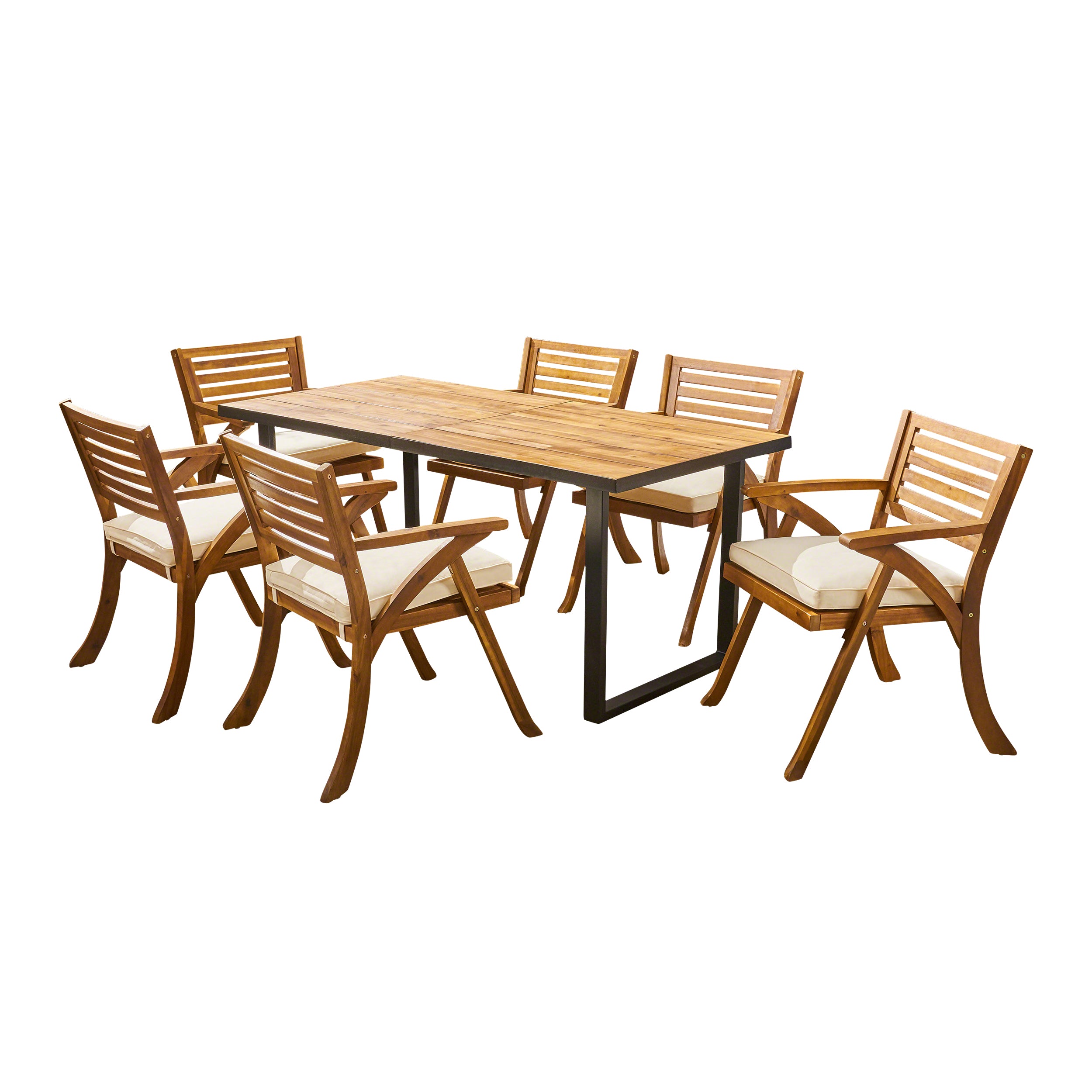 Daisy Outdoor 6-Seater Rectangular Acacia Wood and Iron Dining Set, Teak with Black and Cream