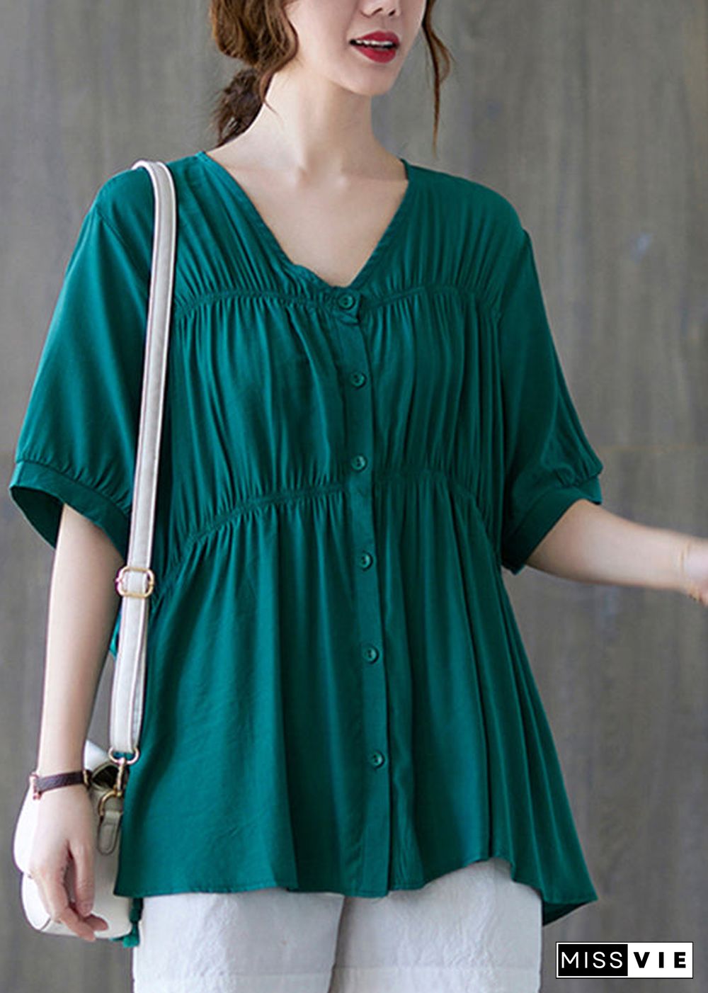 Women Green V Neck Buttton wrinkled Cotton Shirt Tops Short Sleeve