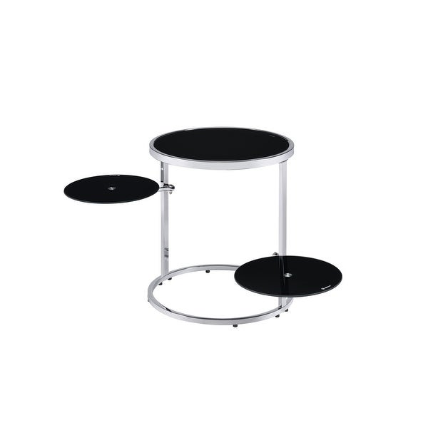 Round Side Table 2 Swiel Tier Shelf Open Frame Tempered Glass Side Table， Black and Chrome Finish