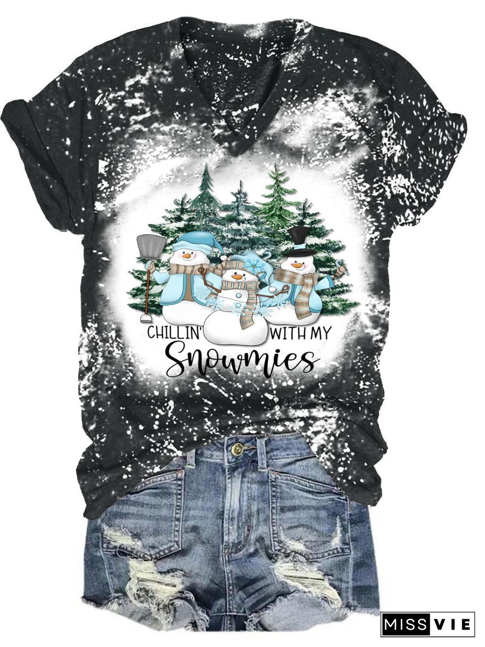 Christmas Snowman Print V-Neck T-Shirt