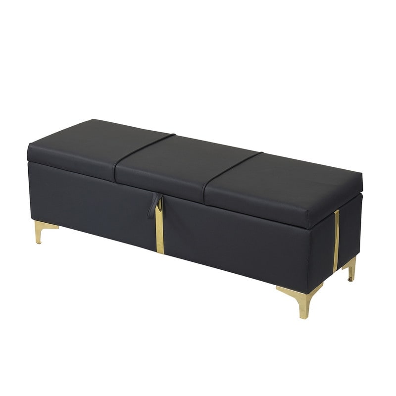 Elegant Style Large Upholstered Storage Ottoman  Storage Bench with Metal Legs  Modern Bed End Bench