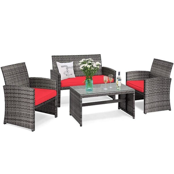 Costway 4PCS Patio Rattan Furniture Set Conversation Glass Table Top