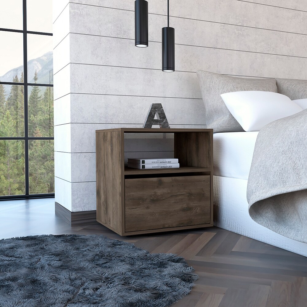 Modern Dark Brown Nightstand with An Open Compartment and A Large Capacity Cabinet for Any Bedroom or Living Room