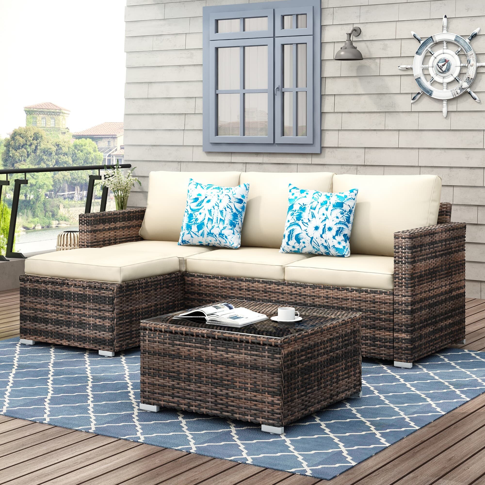 3-piece Patio Furniture Sets Resin Wicker Outdoor Sectional Sofa Chat Set - Overstock - 31721010