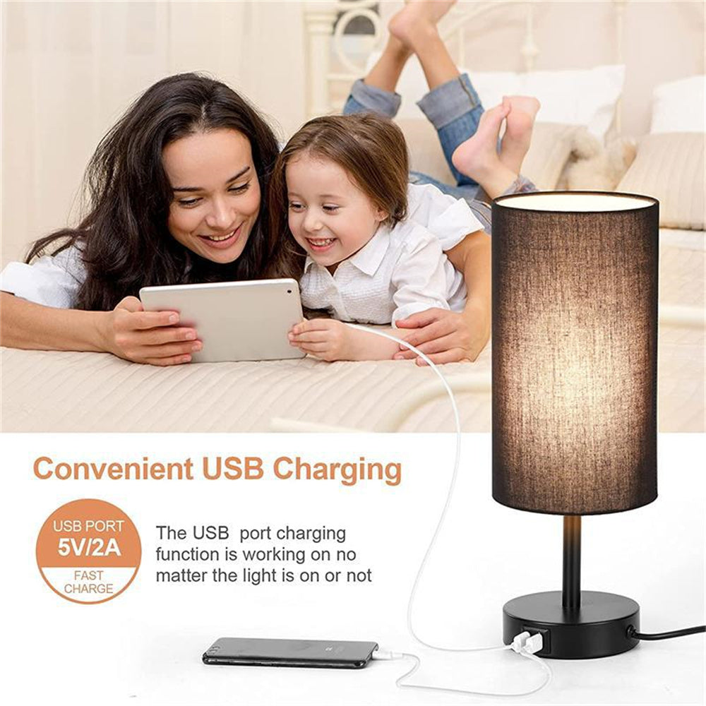 Bedside Lamp with USB Port - Touch Control Table Lamp for Bedroom Wood 3 Way Mountdog Dimmable Nightstand Lamp with Round Flaxen Fabric Shade for Living Room Black