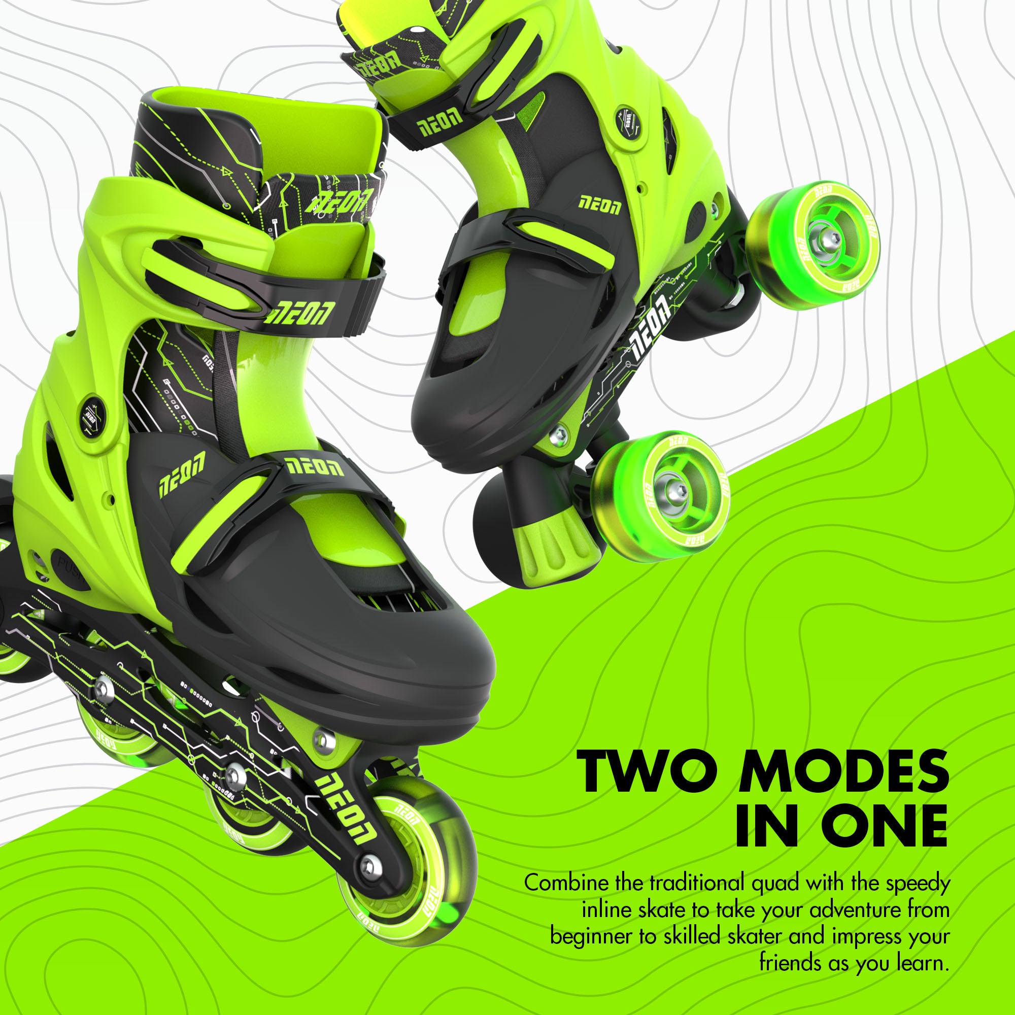 Neon Combo 2-in-1 Child Skates Inline and Quad - Unisex, Size 12-2 Adjustable, One Pair, Green