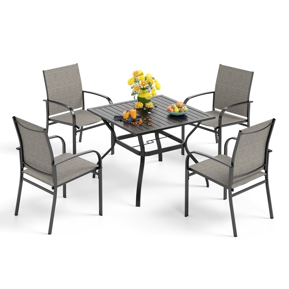 5 Piece Patio Dining Set  37 Inch Square Metal Table and 4 Textilene Dining Chairs