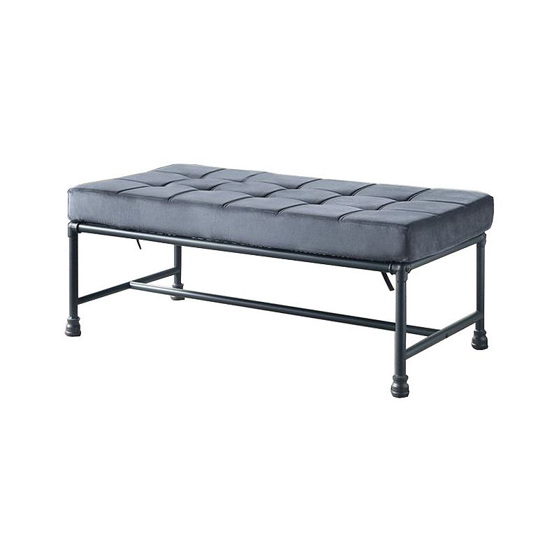 Bench with Button Tufted Seat and Pipe Style Metal Frame， Gray