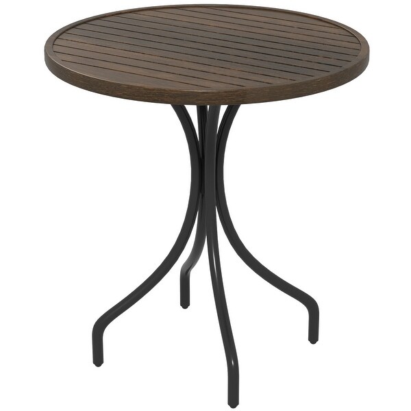 Outdoor Side Table，Patio Round Coffee Table with Steel Frame and Slat Tabletop