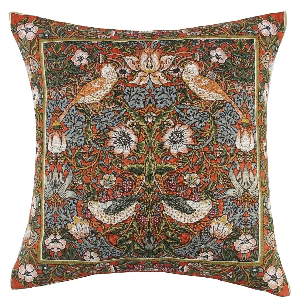 Strawberry Thief by William Morris Tapestry Throw Pillow in Red