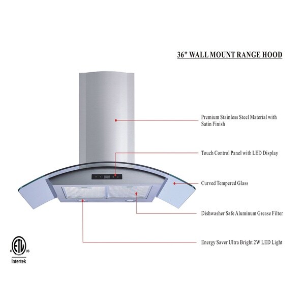 Winflo 36-inch Stainless Steel/Tempered Glass Convertible Wall Mount Range Hood