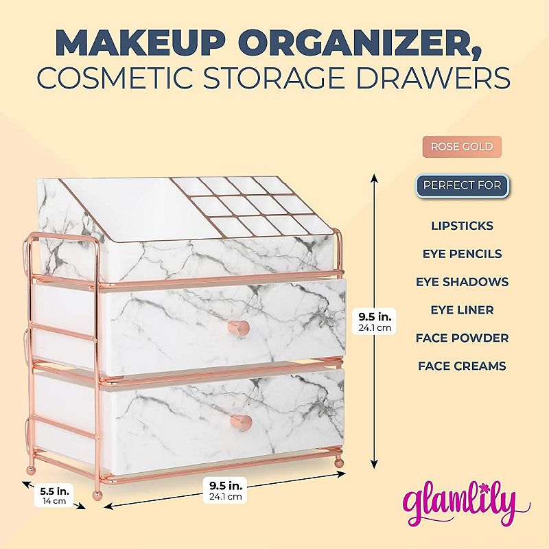 Marble Makeup Organizer， Cosmetic Storage Drawers (9.5 x 9.5 x 5.5 Inches)