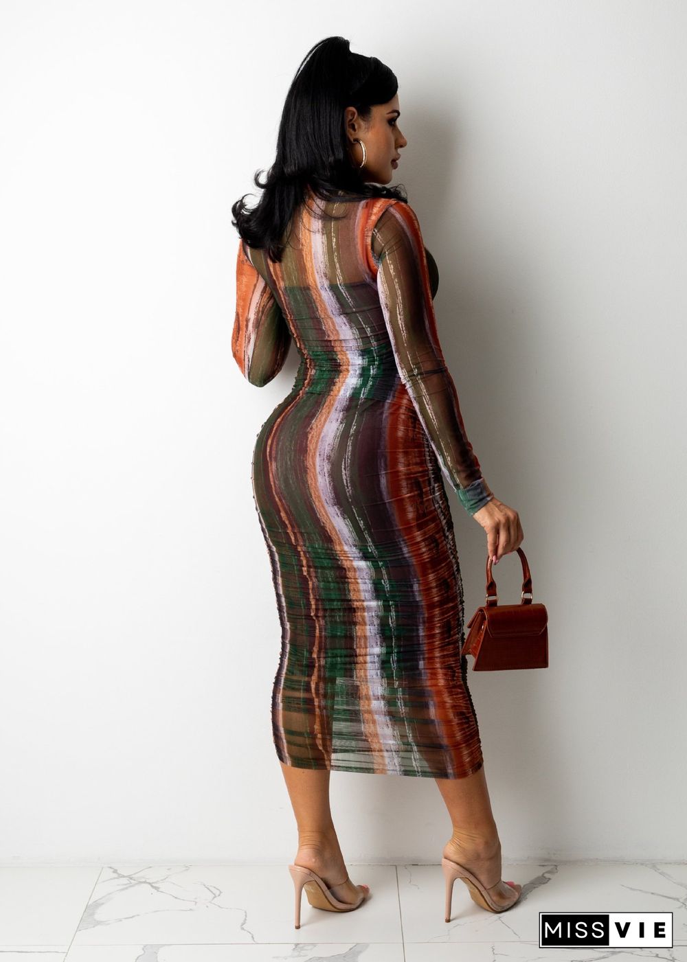 Mesh Tie Dye Print Long Sleeve Skinny Ruched Dresses