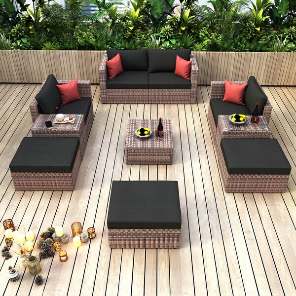 10 Pieces Outdoor Sectionals Sofa Patio Garden Brown Wicker Conversation Set with Black Cushions and Red Pillows for Poolside - Overstock - 37846946