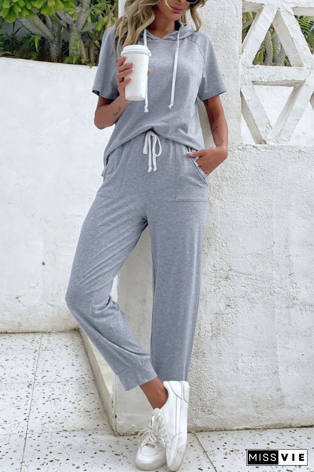 Plain Drawstring Hoodie Two Pieces Set Wholesale