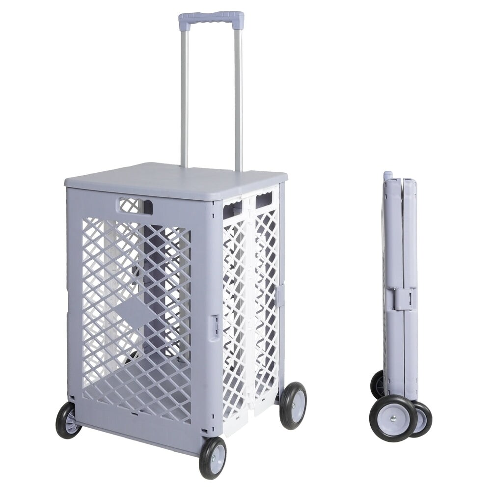 Foldable Mesh Rolling Cart with Wheels  updated Utility Tools Rolling Crate w/ Telescopic Handle  Grey White