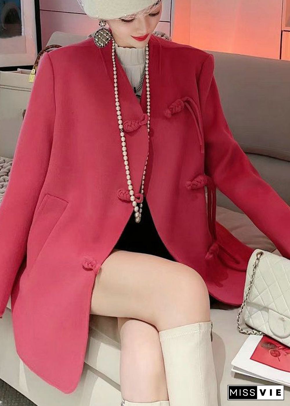 Modern Watermelon Red Oversized Woolen Coat Outwear Fall