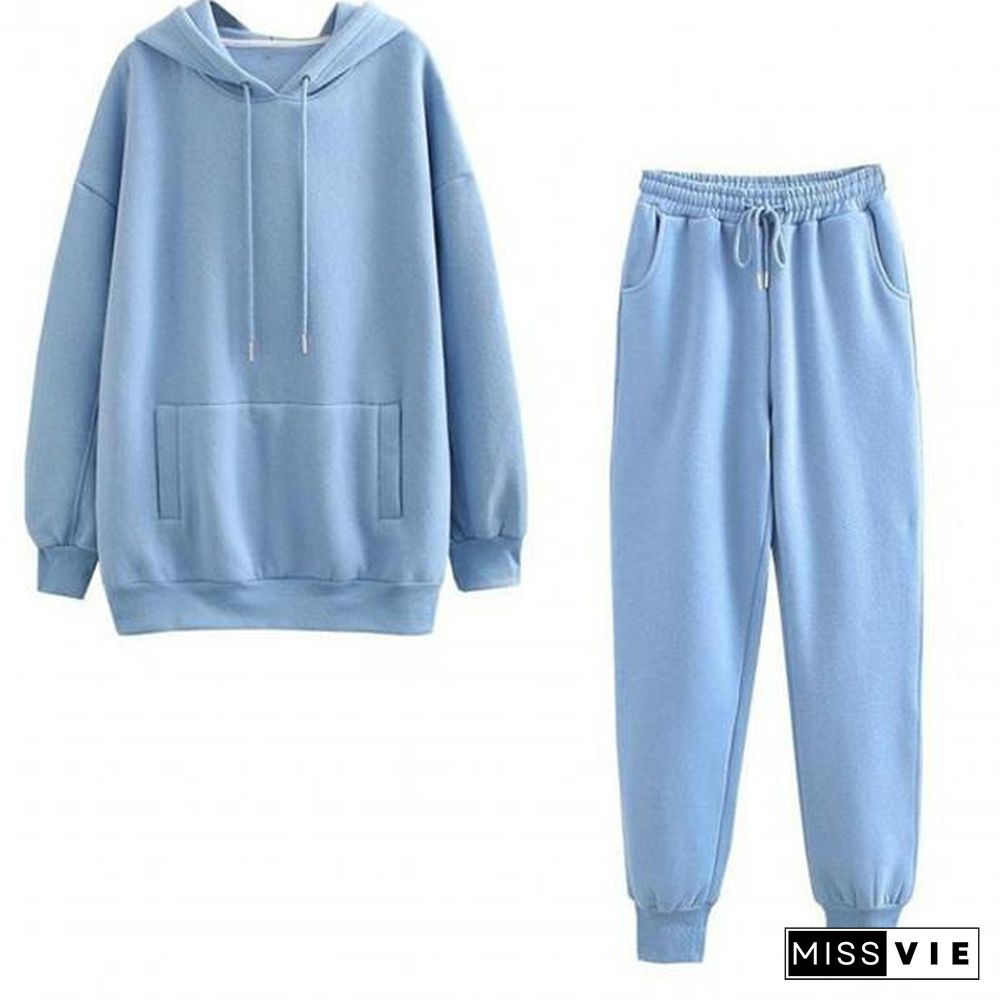 Sweatshirt Pants Set Hooded Cold Resistant Drawstring Pockets Women Outfit For Office