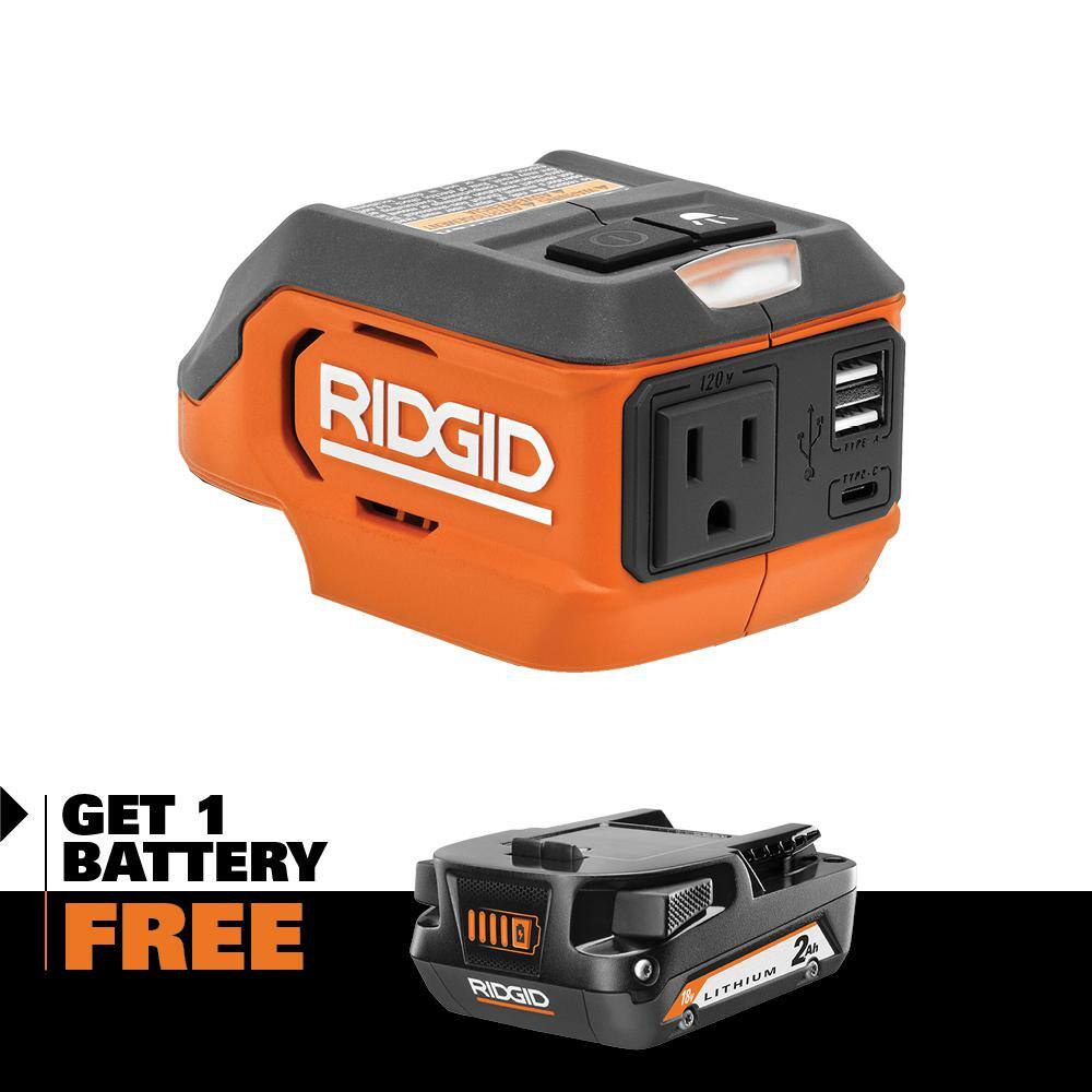 RIDGID 18V Cordless 175-Watt Power Inverter with 2.0 Ah Battery AC86097-AC8400802