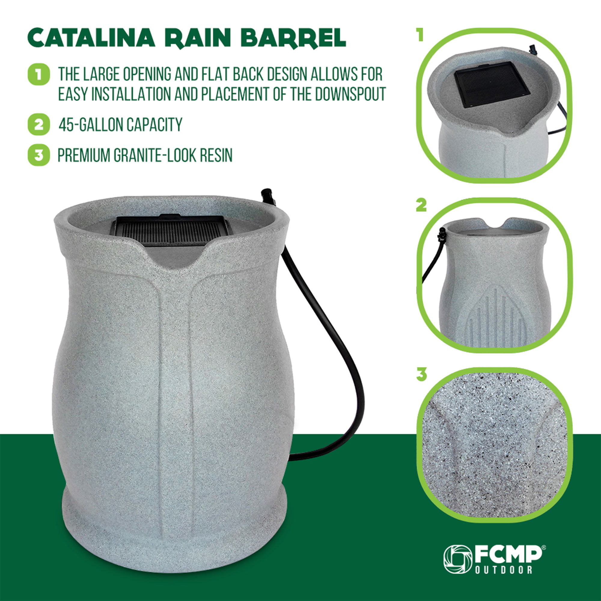 FCMP Outdoor RB-CAT Catalina 45 Gallon Water Rain Catcher Barrel， Granite