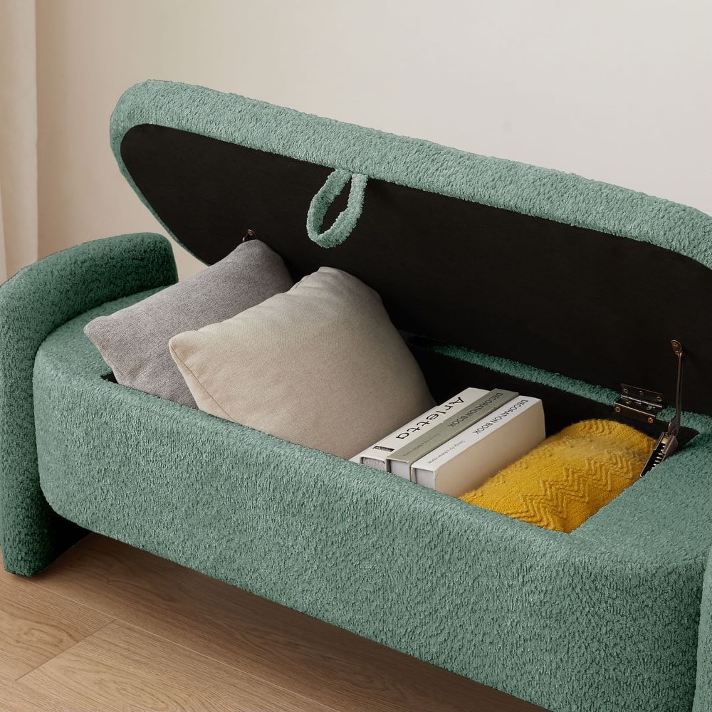 Ottoman Oval Storage Bench Lamb Fleece Fabric Bench with Large Storage