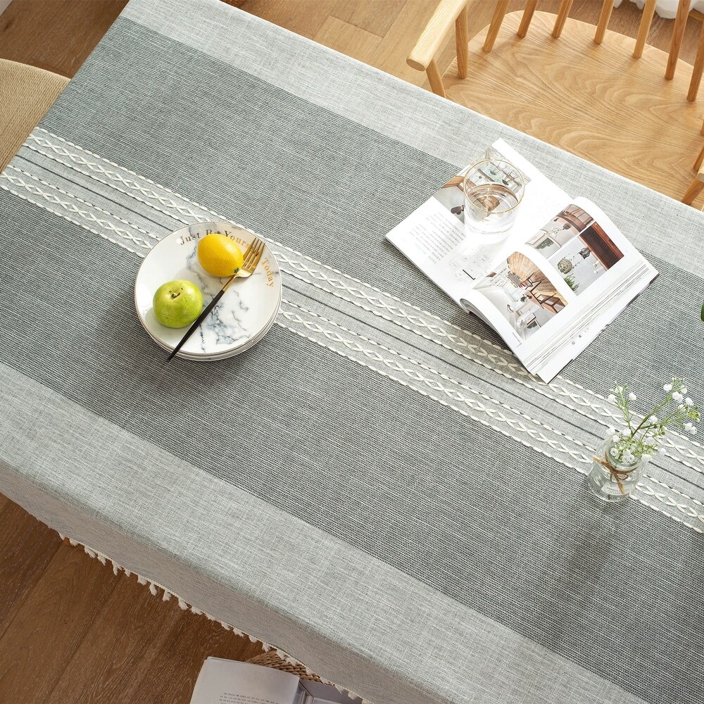 Enova Home Light Grey High Quality Rectangle Cotton and Linen Tablecloth with Tassels