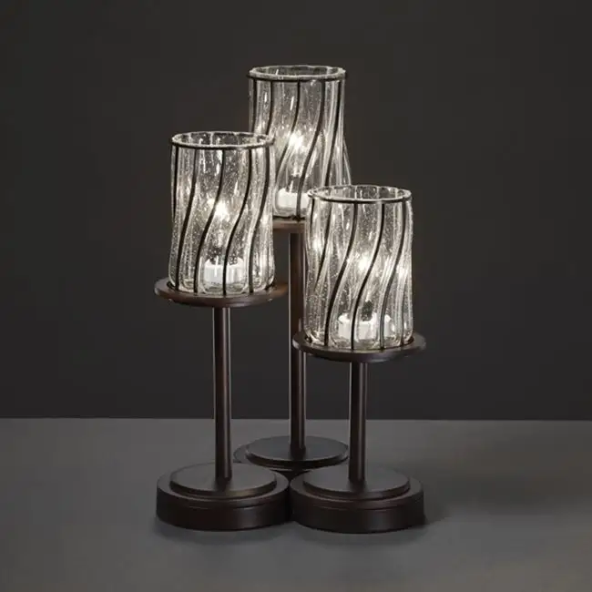 Justice Design Wire Glass Dakota 3-light Dark Bronze Table Lamp， Swirl with Clear Bubbles Cylinder - Flat Rim Shade