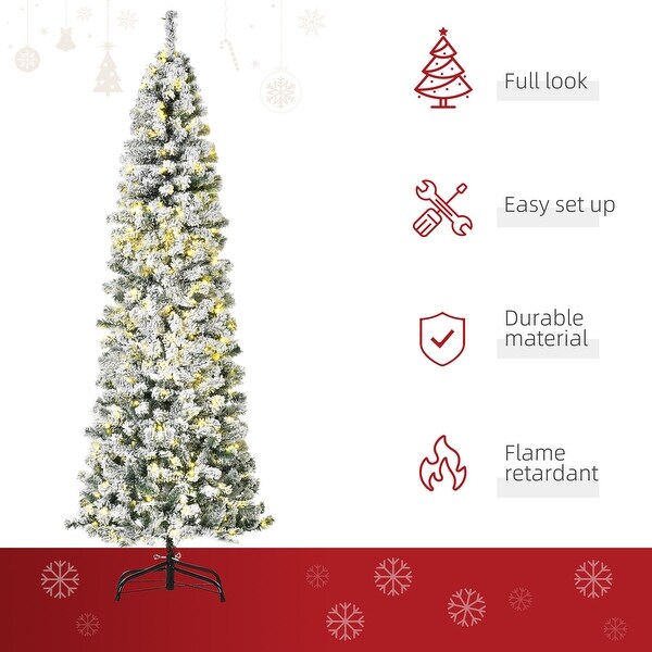 HOMCOM 6FT/7FT/9FT Slim Flocked Christmas Tree with Lights，Skinny Christmas Tree with Stand