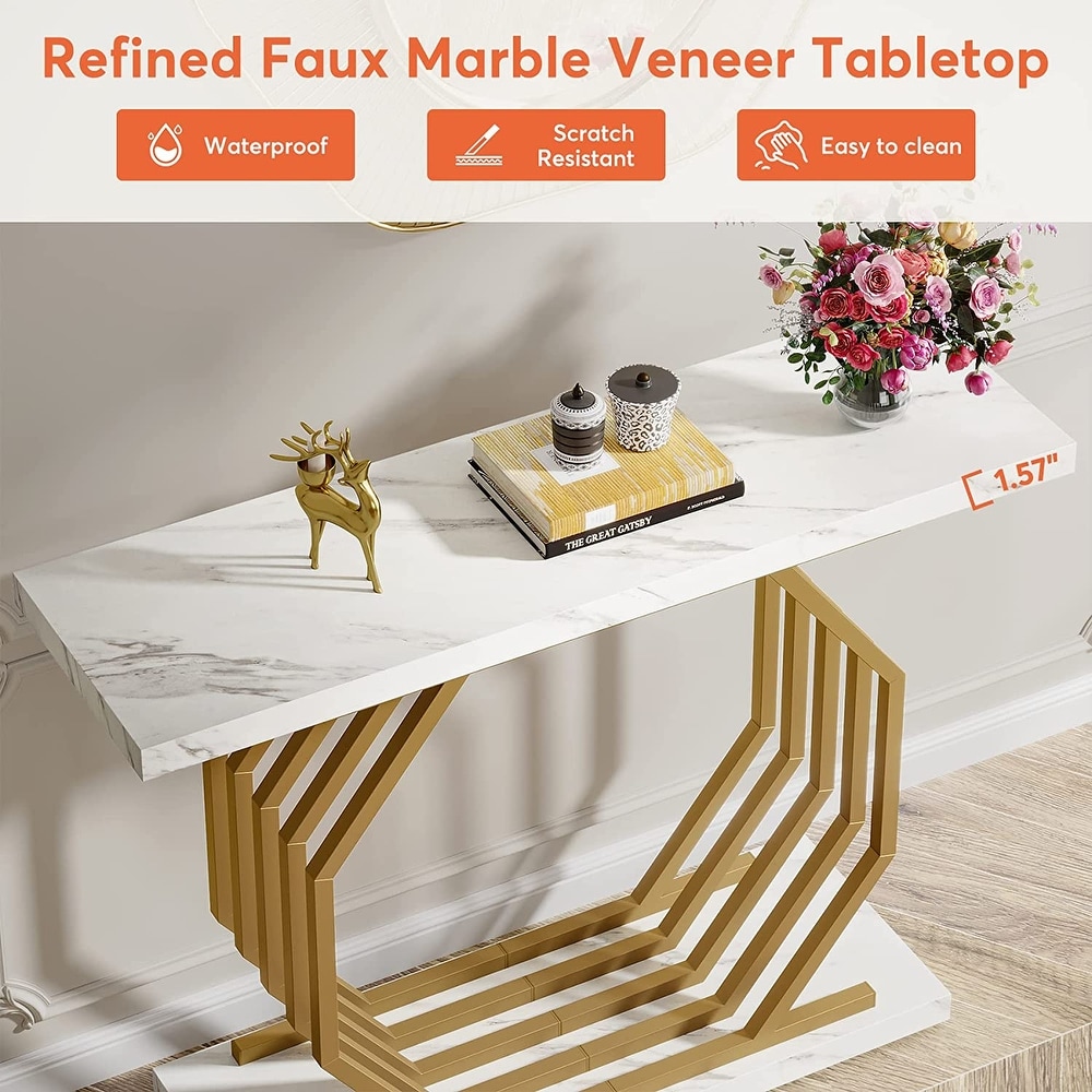 Gold Console Table  Faux Marble Entryway Table Narrow Sofa Table   40 Inch Modern Accent Table with Geometric Metal Base