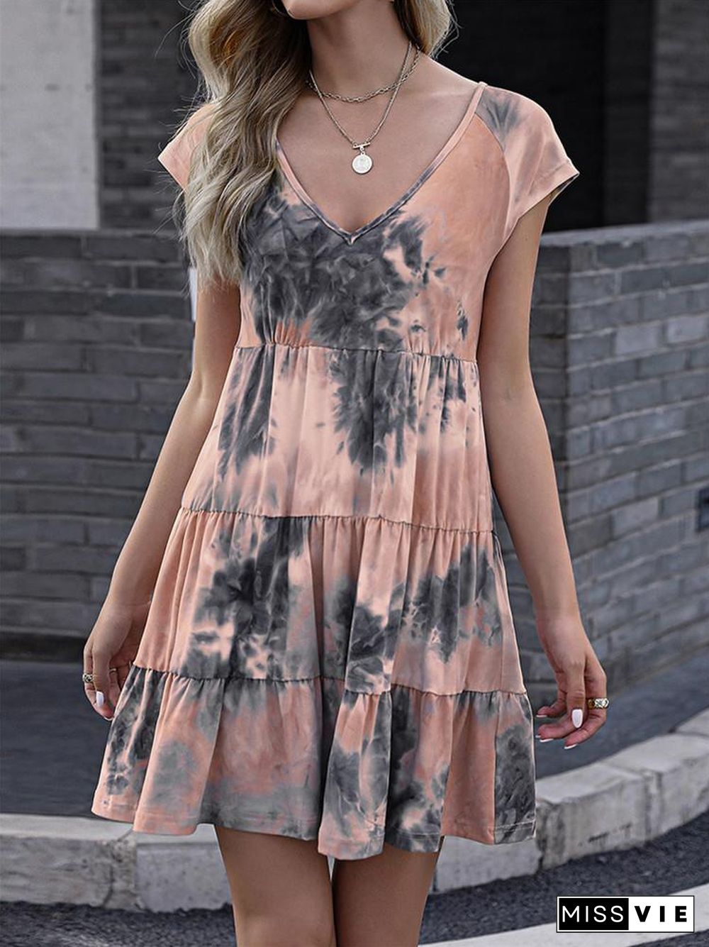 V-Neck Tie-Dye Printed Loose Dress