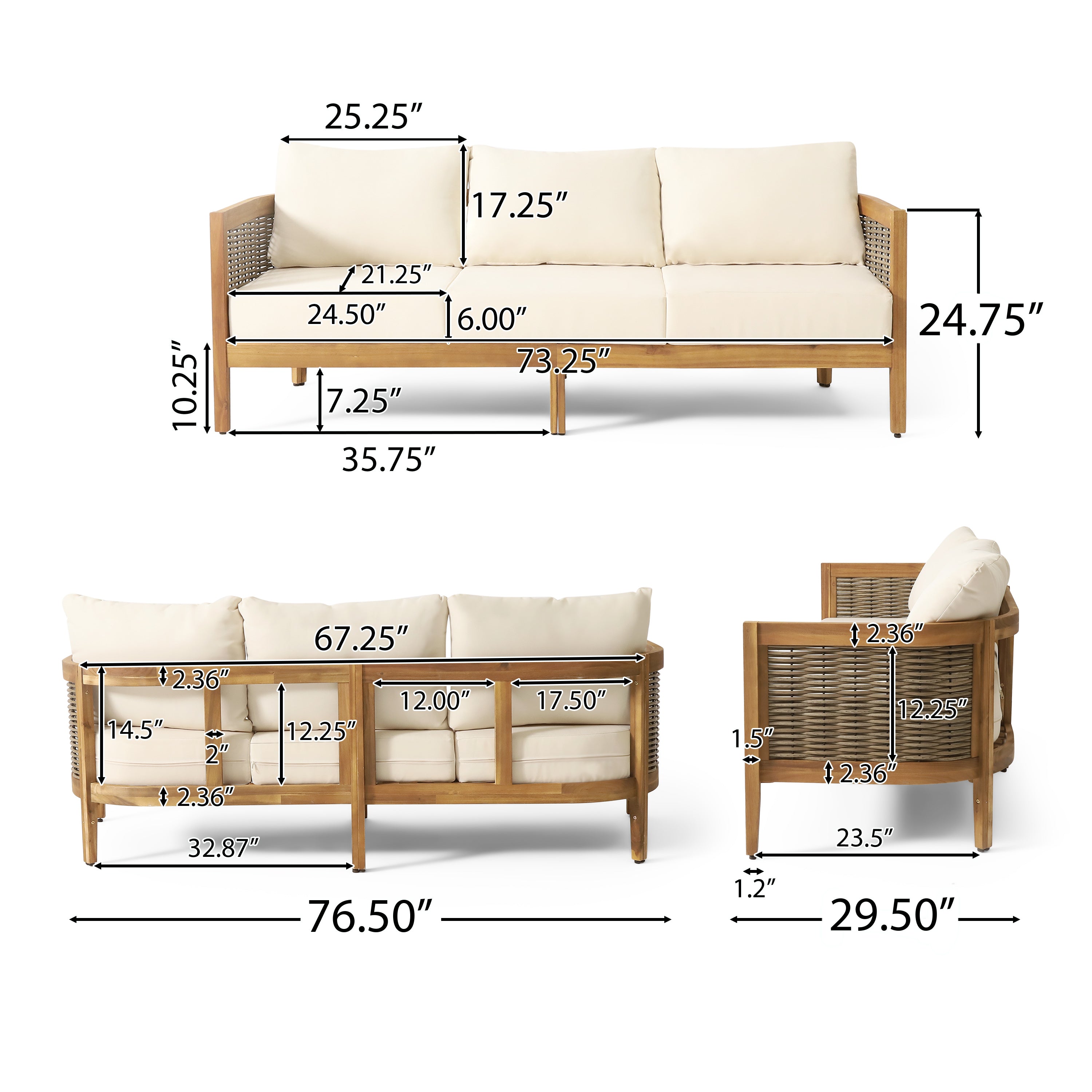 The Crowne Collection Outdoor Acacia Wood and Round Wicker 3 Seater Sofa with Cushions, Teak, Mixed Brown, and Beige