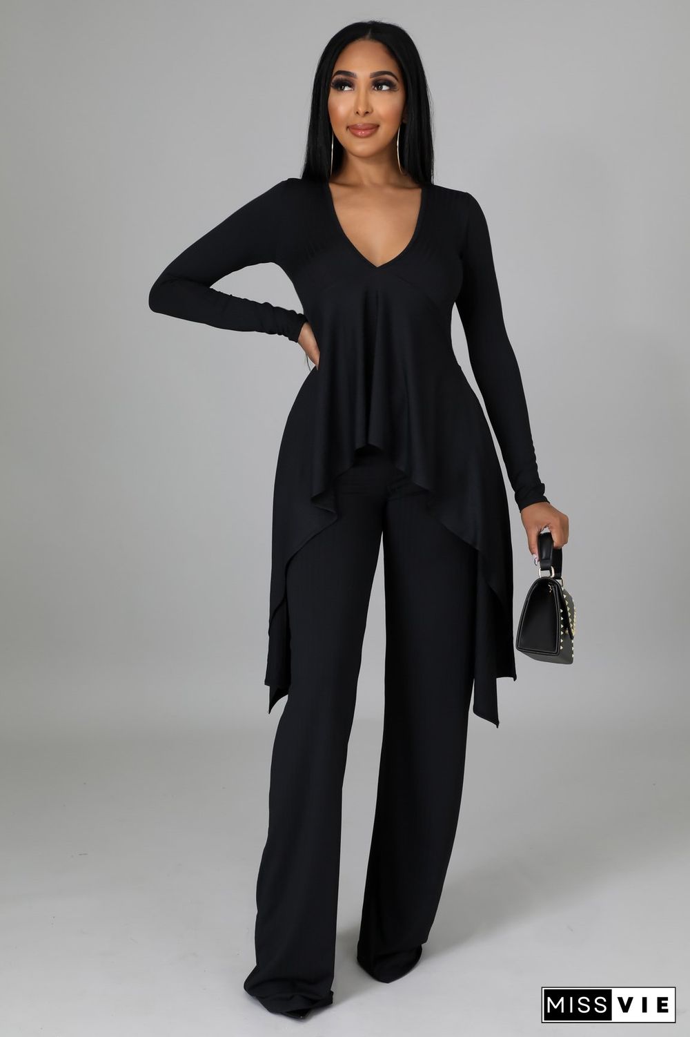 V Neck Irregular Top Straight-leg Pants Set